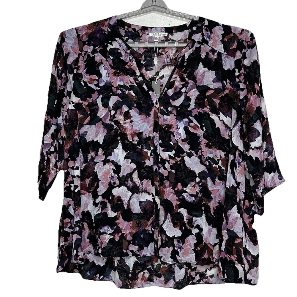 Spense Woman Shirt Tunic Top 3X Black Pink Floral Romantic Button Down NEW